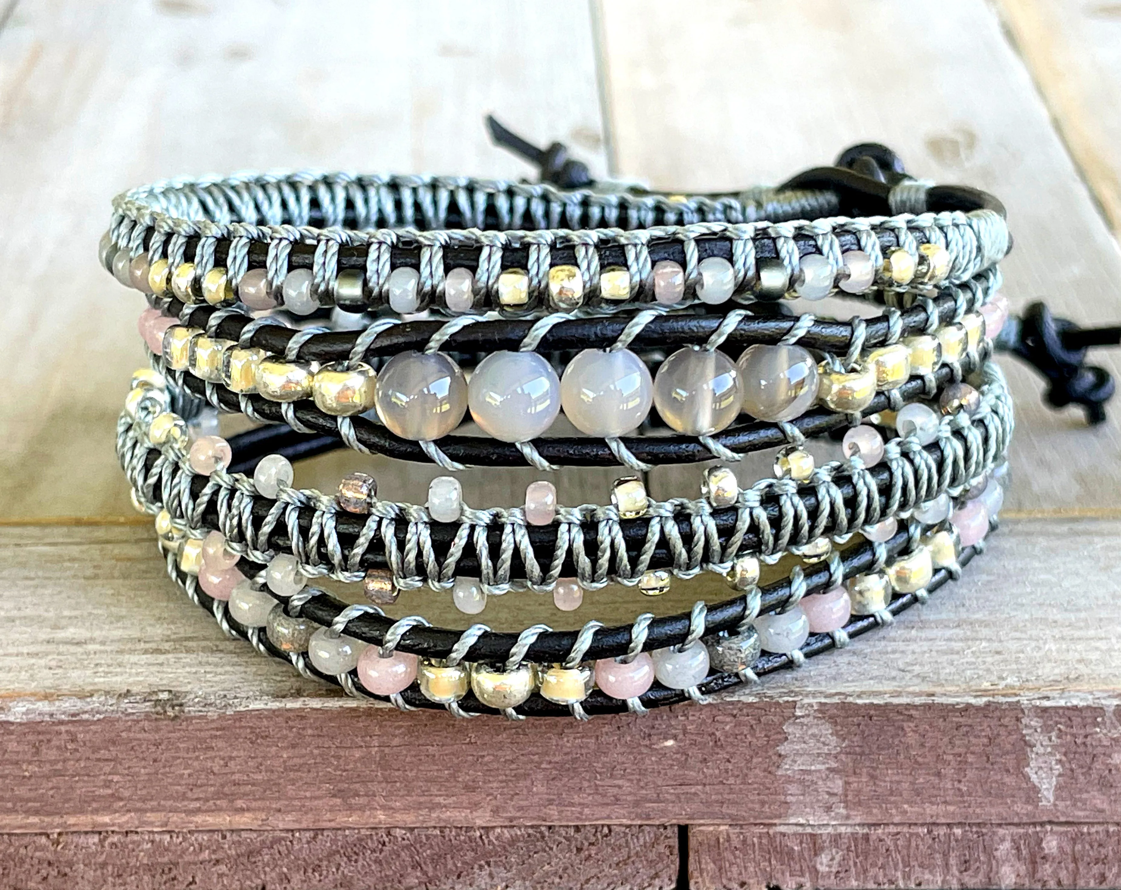 Neutral Gray Beige Western Bead Loom Woven and Macrame Bracelet Set