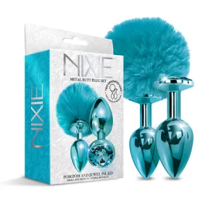 Nixie Metal Butt Plug Set w/Jewel Inlaid & Pom Pom - Blue Metallic