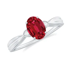 Oval Cut Lab Grown Ruby Solitaire Ring with Diamond