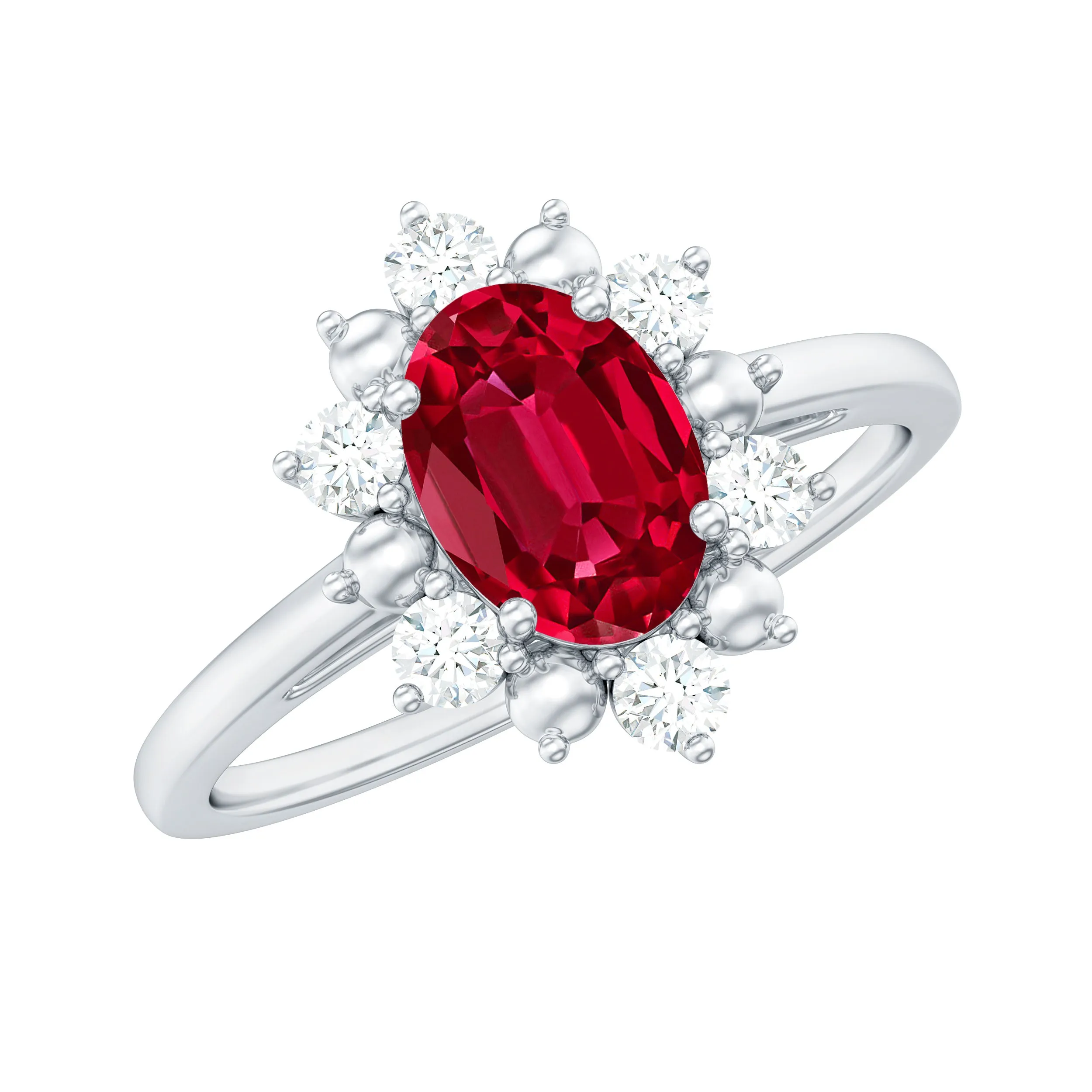 Oval Lab-Created Ruby Floral Halo Ring with Diamond