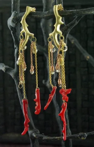 Pade Vavra 18K Yellow Gold Branch Earrings with Coral and Crystal Accents