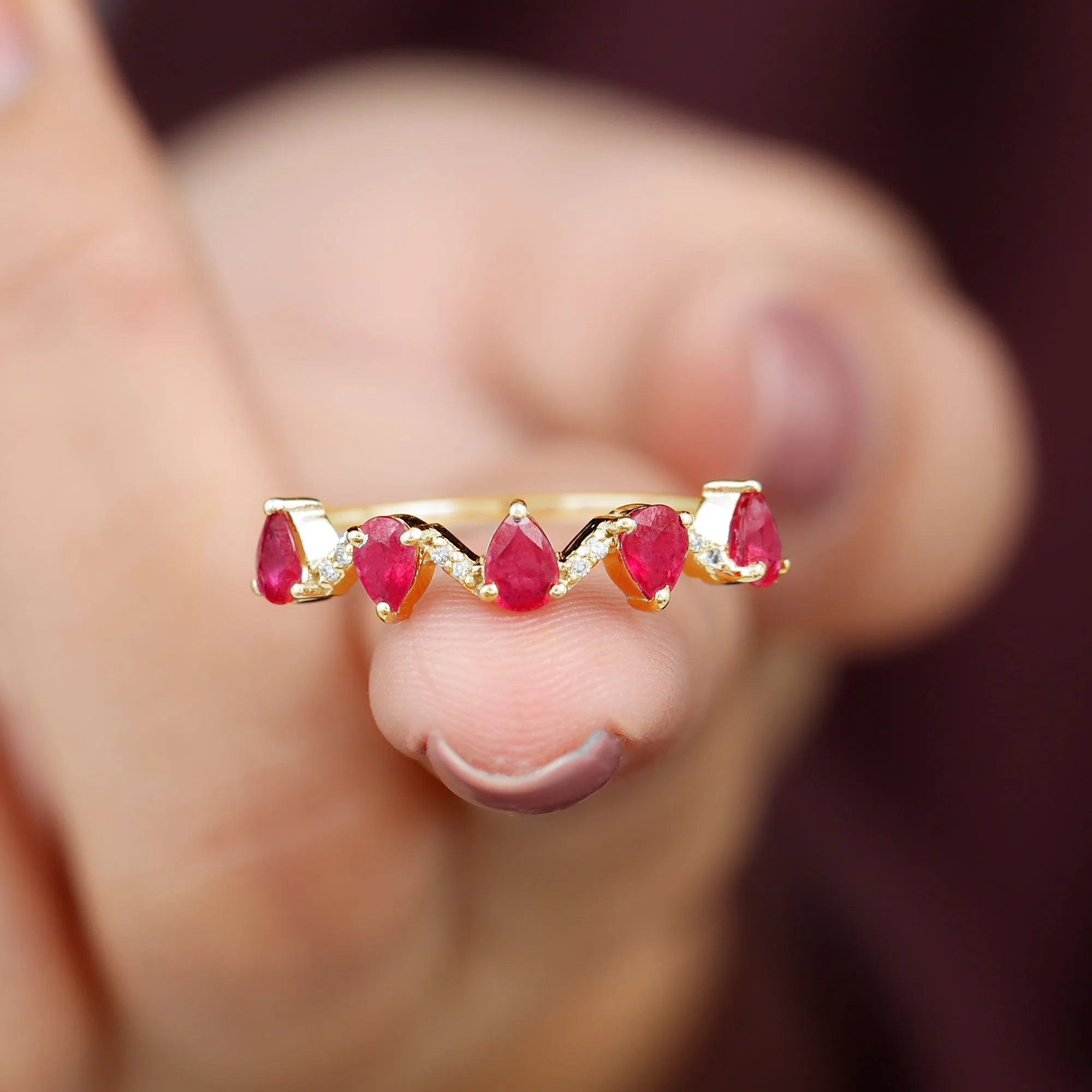 Pear Cut Natural Ruby and Diamond Half Eternity Ring