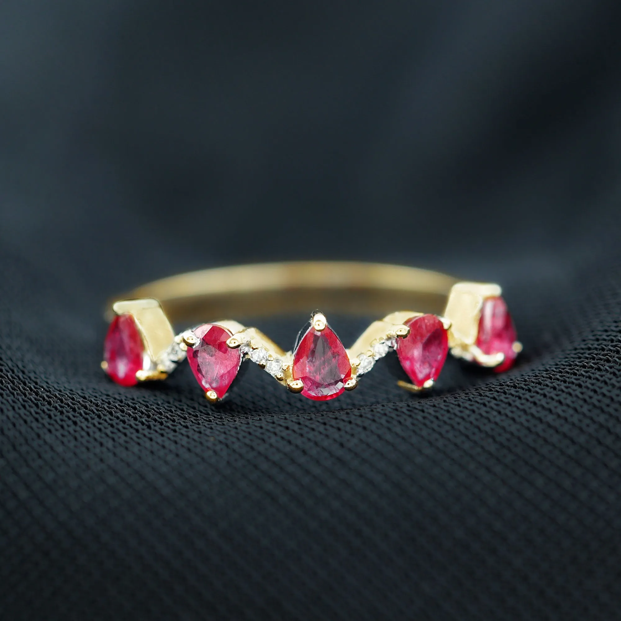 Pear Cut Natural Ruby and Diamond Half Eternity Ring