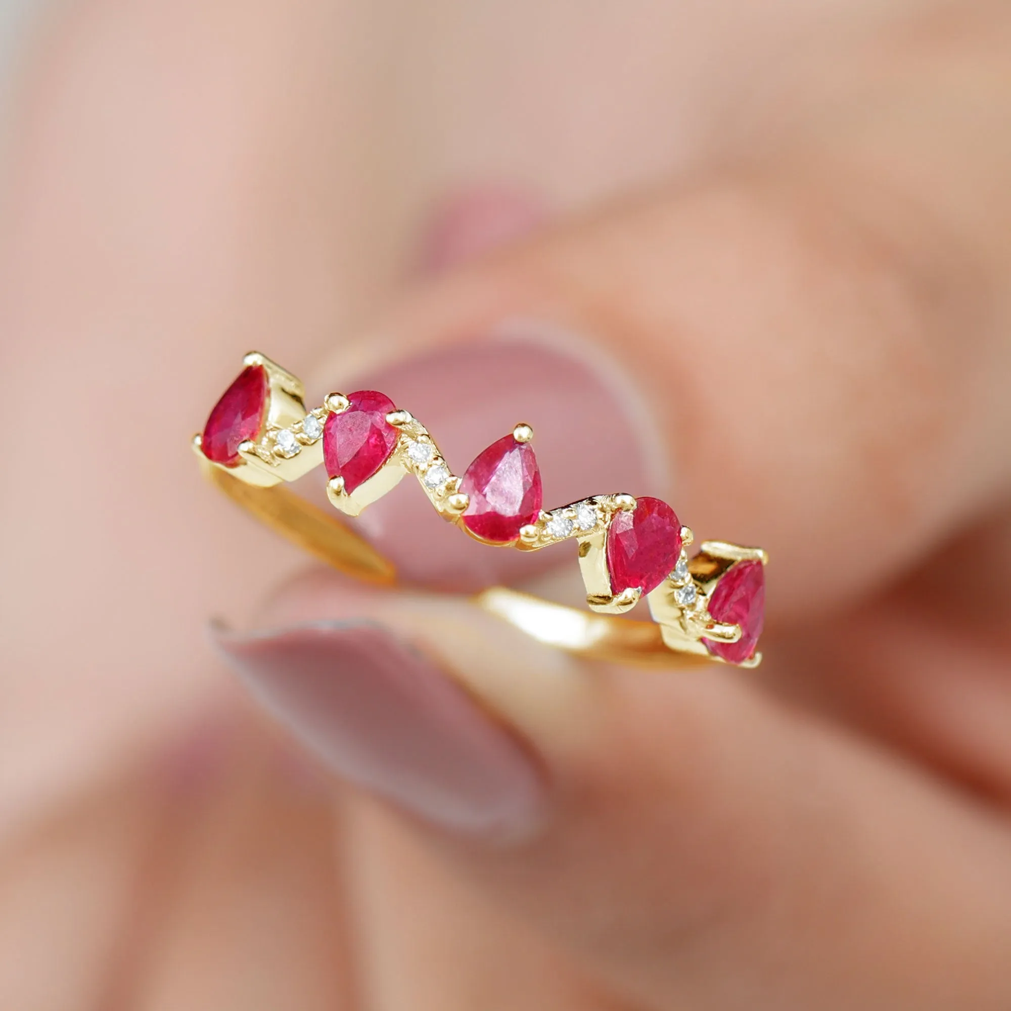 Pear Cut Natural Ruby and Diamond Half Eternity Ring