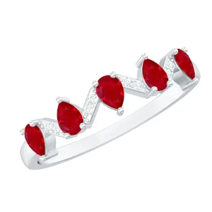 Pear Cut Natural Ruby and Diamond Half Eternity Ring