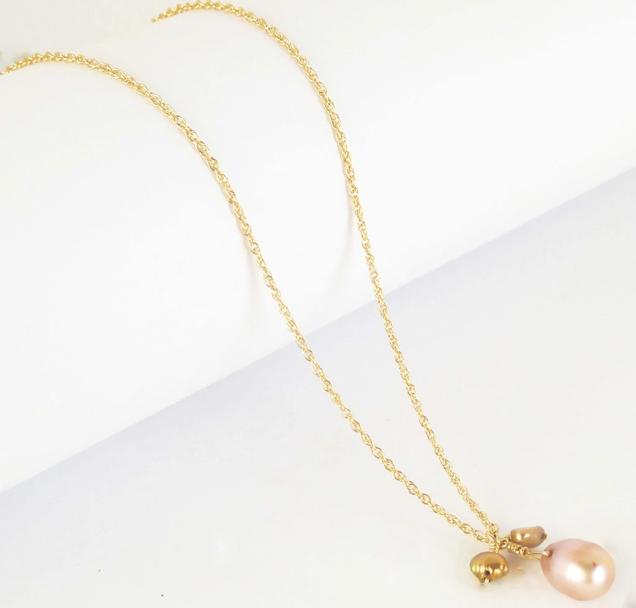 Pink Pearl Pendant Necklace with Gold Pearl Accents |  Natural Pink Teardrop Freshwater Cultured