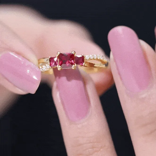 Princess Cut Lab Grown Ruby Three Stone Infinity Ring with Diamond