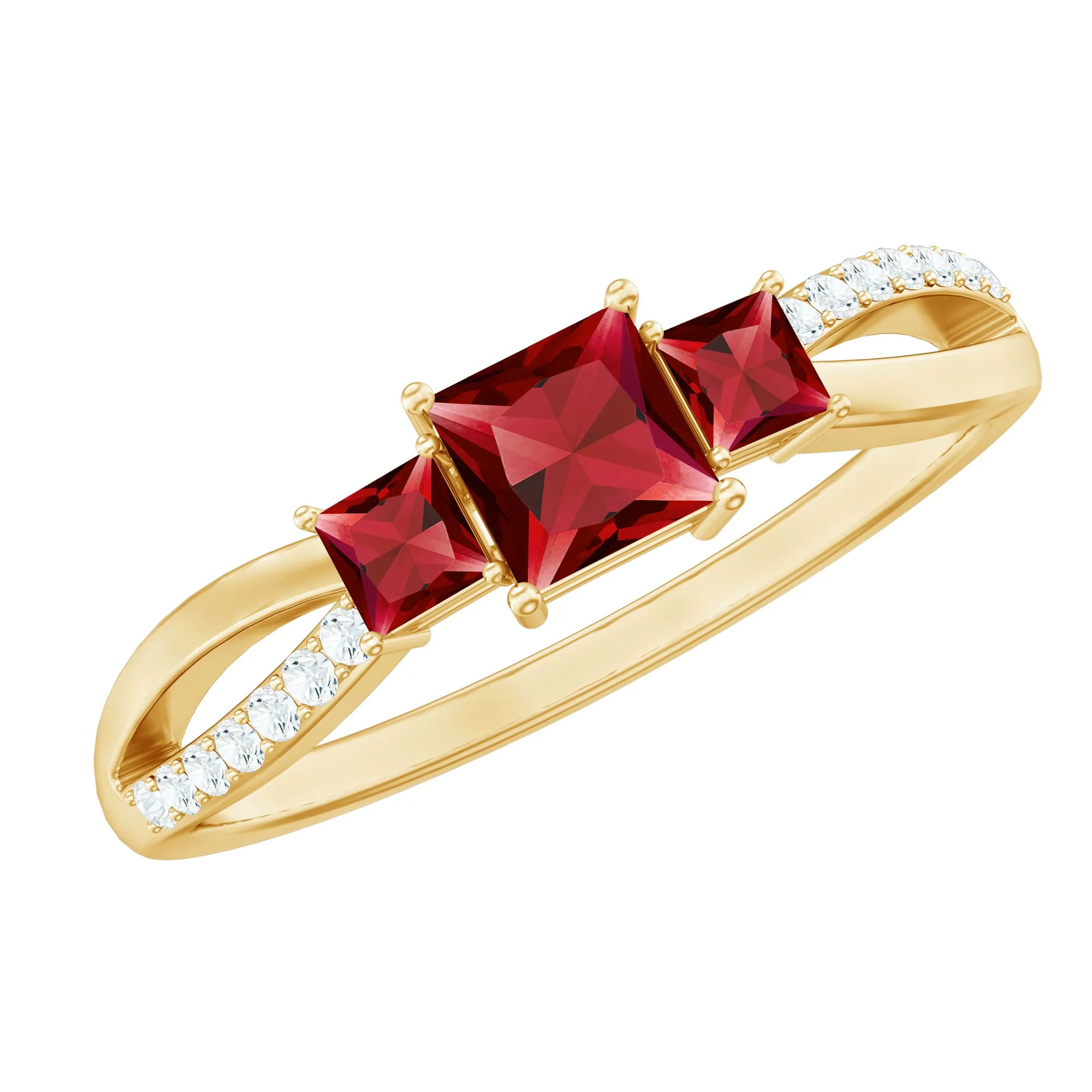 Princess Cut Lab Grown Ruby Three Stone Infinity Ring with Diamond