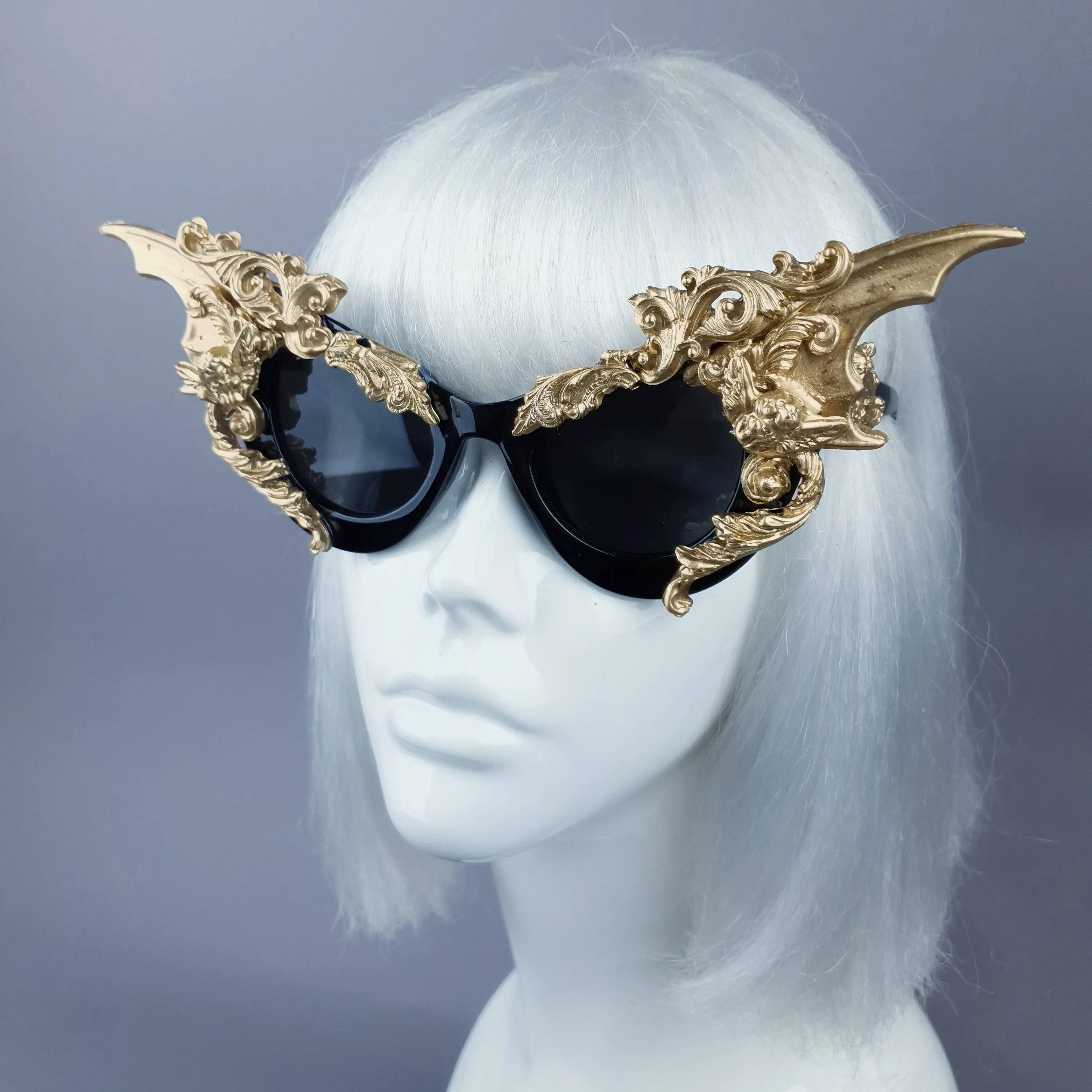 "Bathory" Black & Gold Filigree Ornate Bat Wing & Cherub  Sunglasses