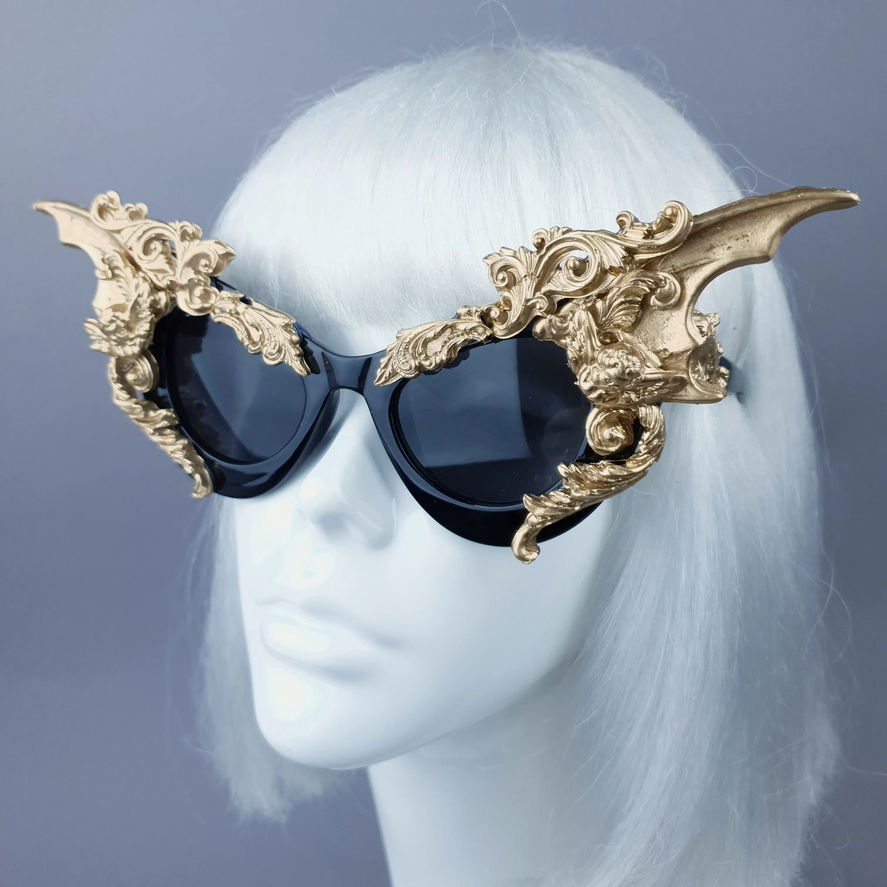 "Bathory" Black & Gold Filigree Ornate Bat Wing & Cherub  Sunglasses