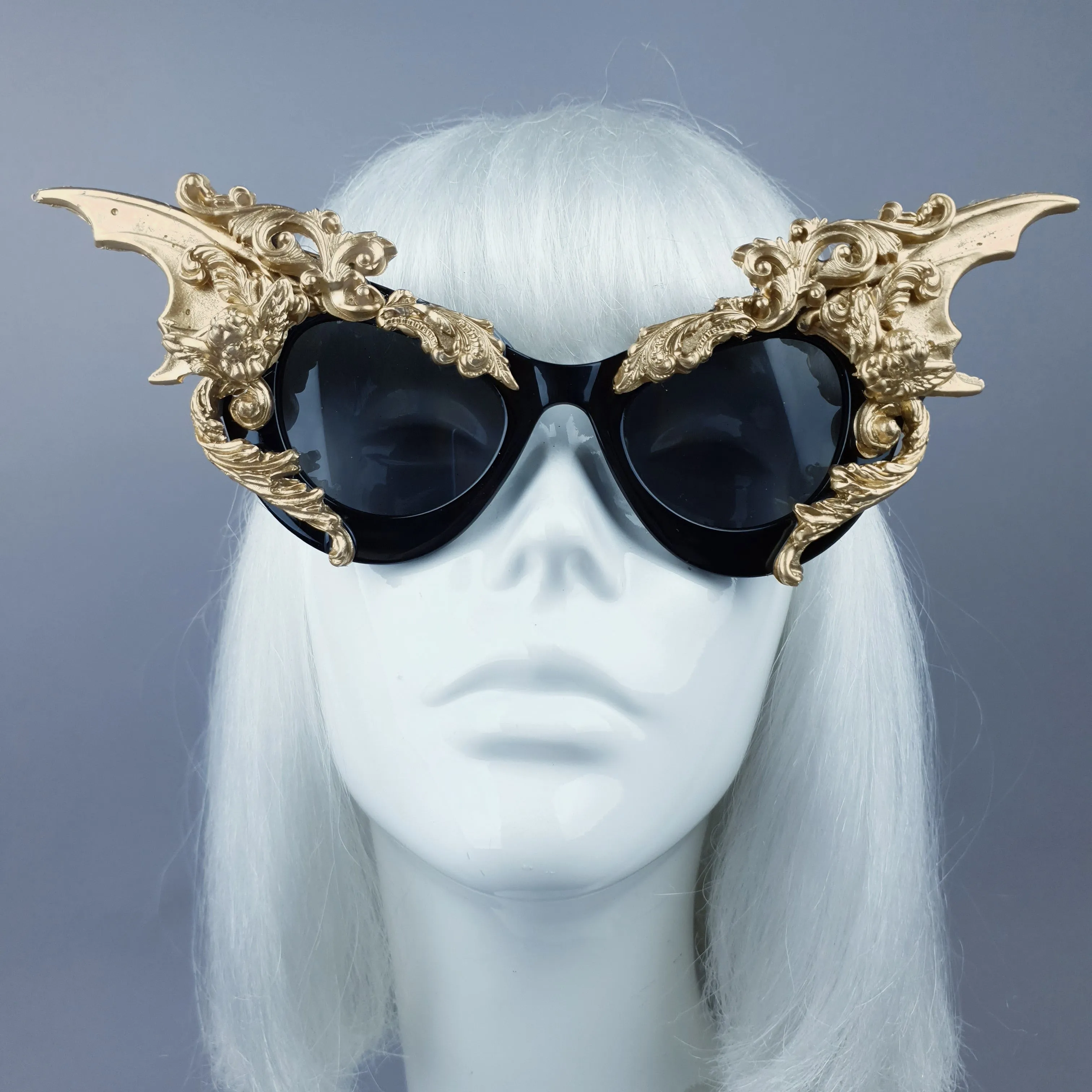 "Bathory" Black & Gold Filigree Ornate Bat Wing & Cherub  Sunglasses