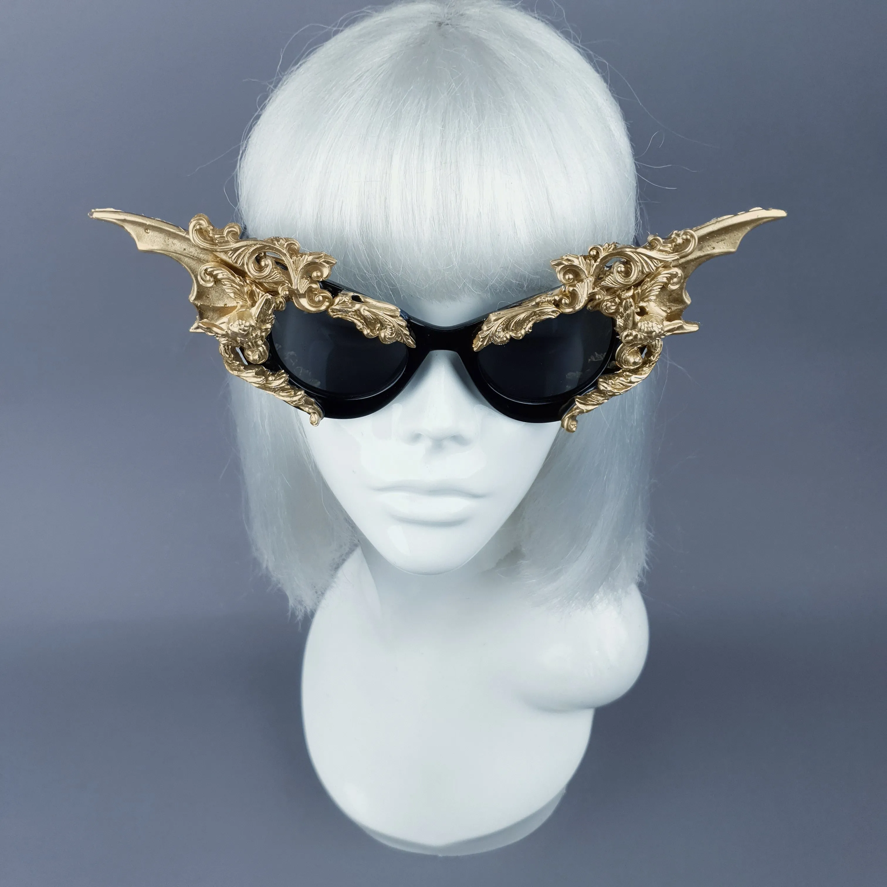 "Bathory" Black & Gold Filigree Ornate Bat Wing & Cherub  Sunglasses