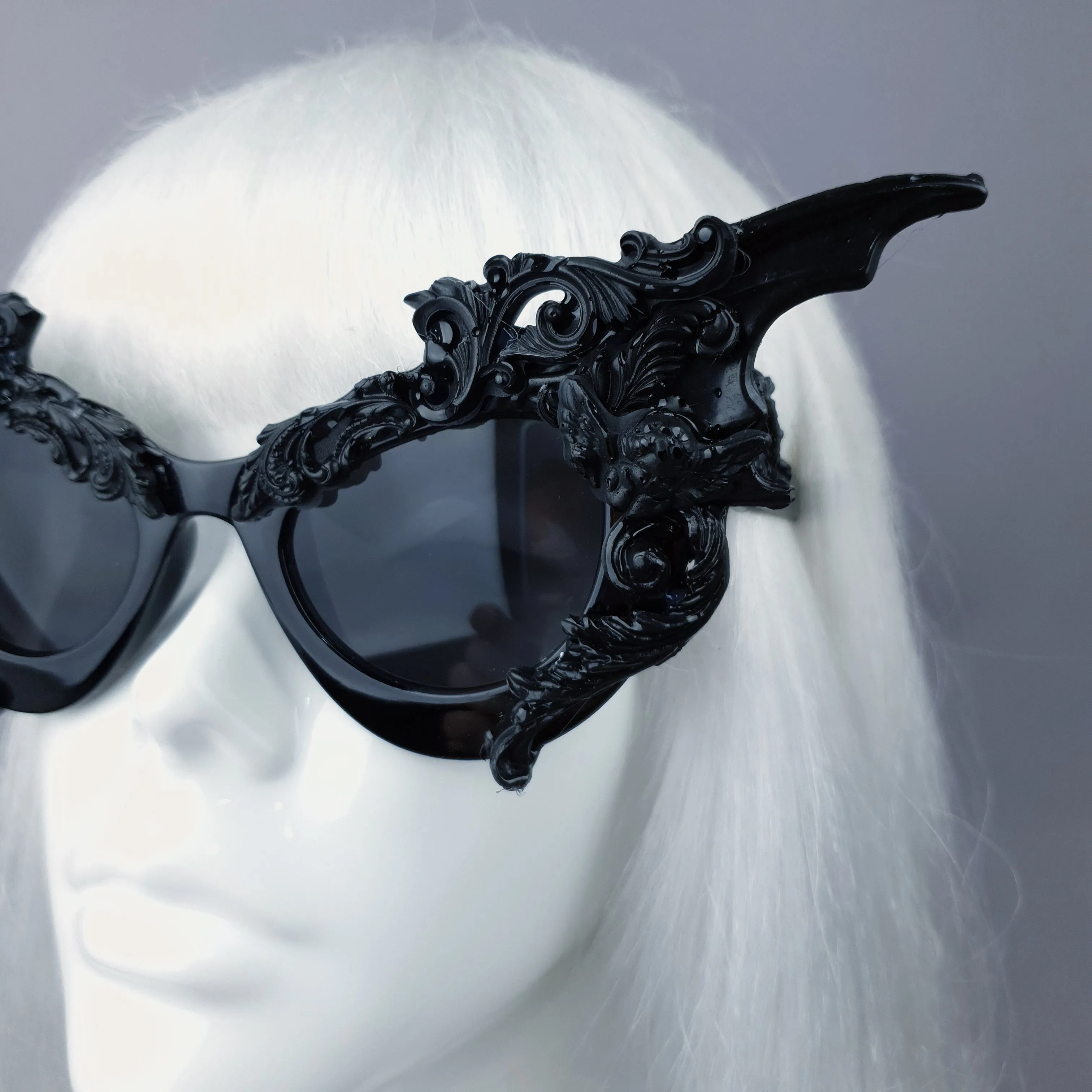 "Bathory" Black Filigree Ornate Bat Wing & Cherub  Sunglasses