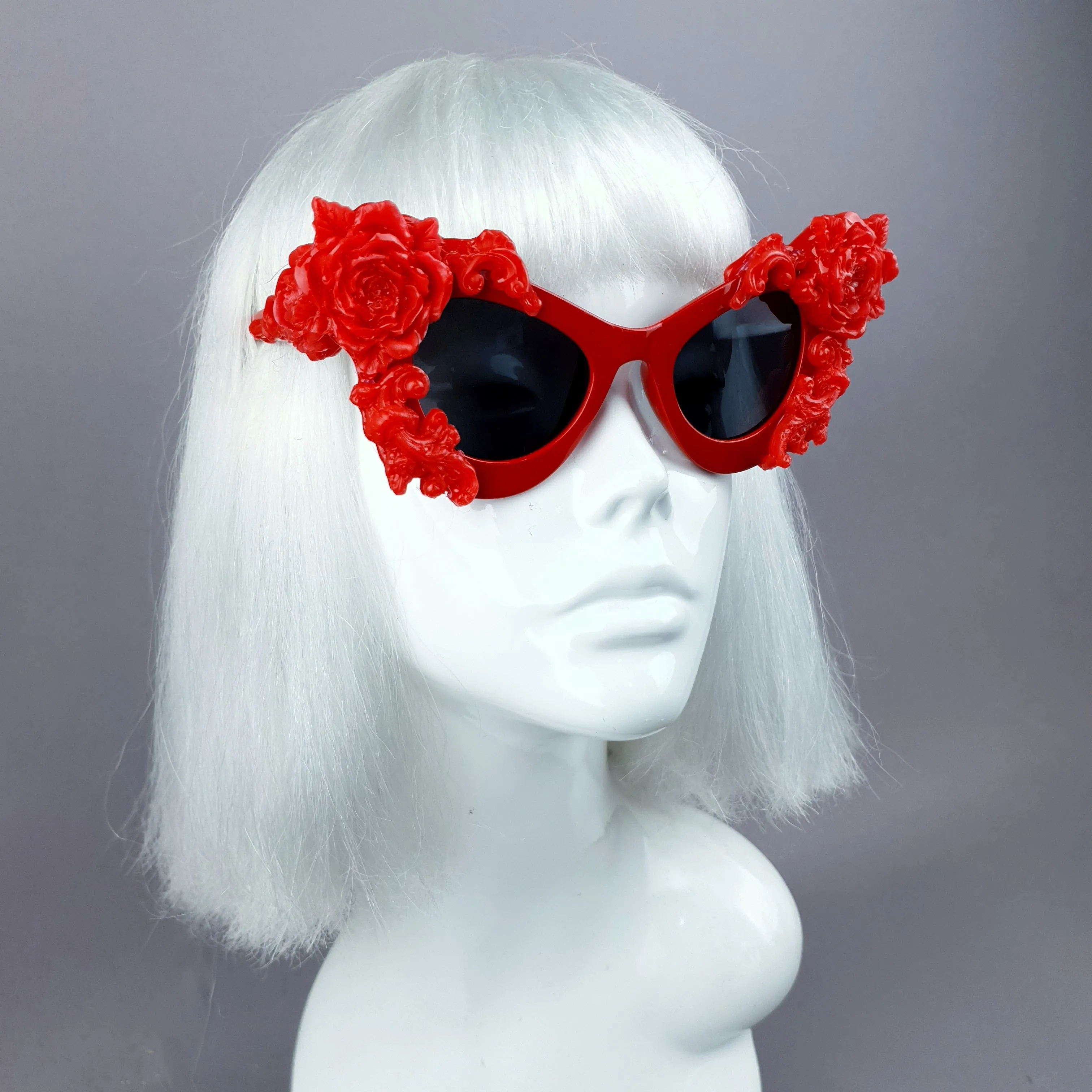 "Saudade" Red Baroque Rose Cat Eye Shaped Sunglasses