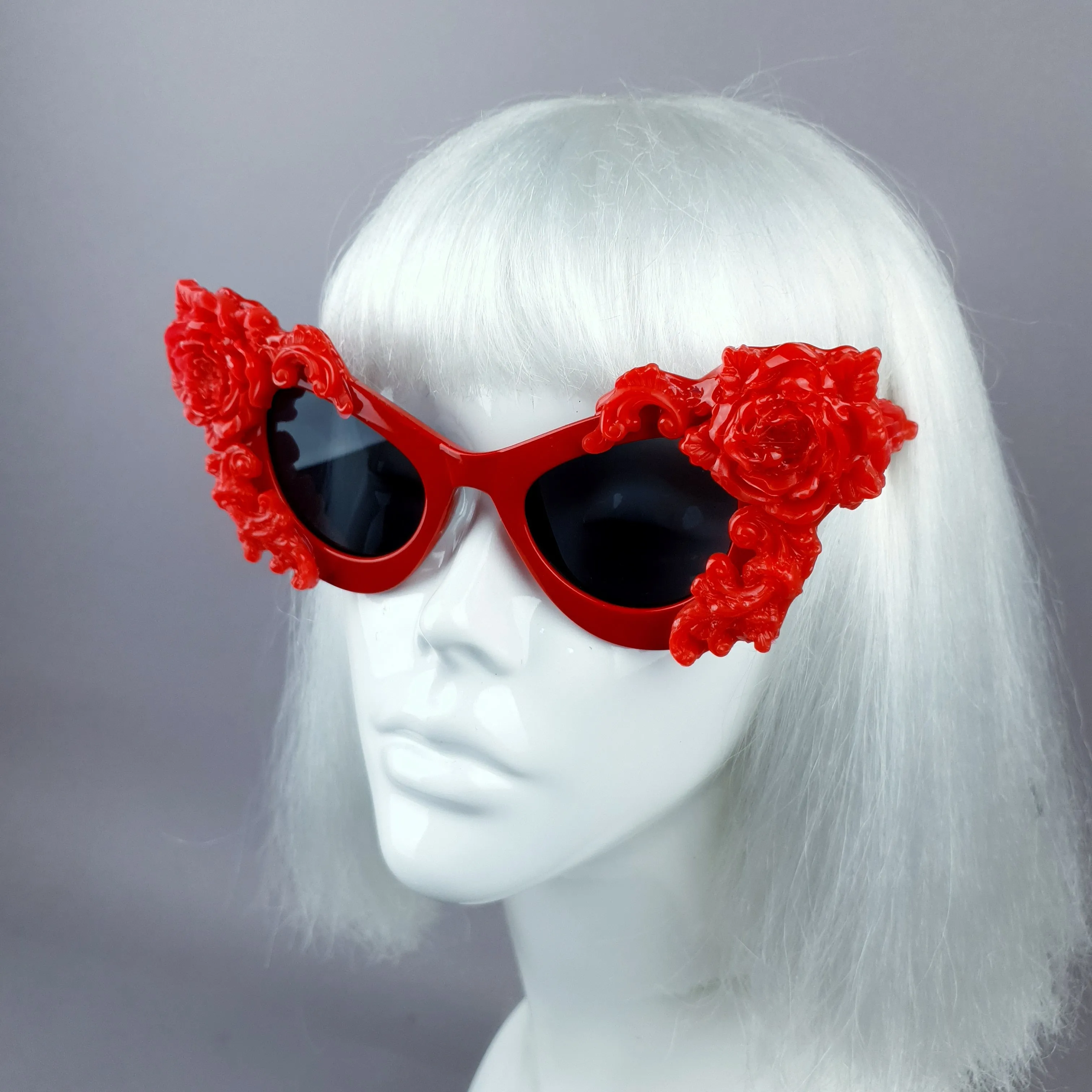 "Saudade" Red Baroque Rose Cat Eye Shaped Sunglasses