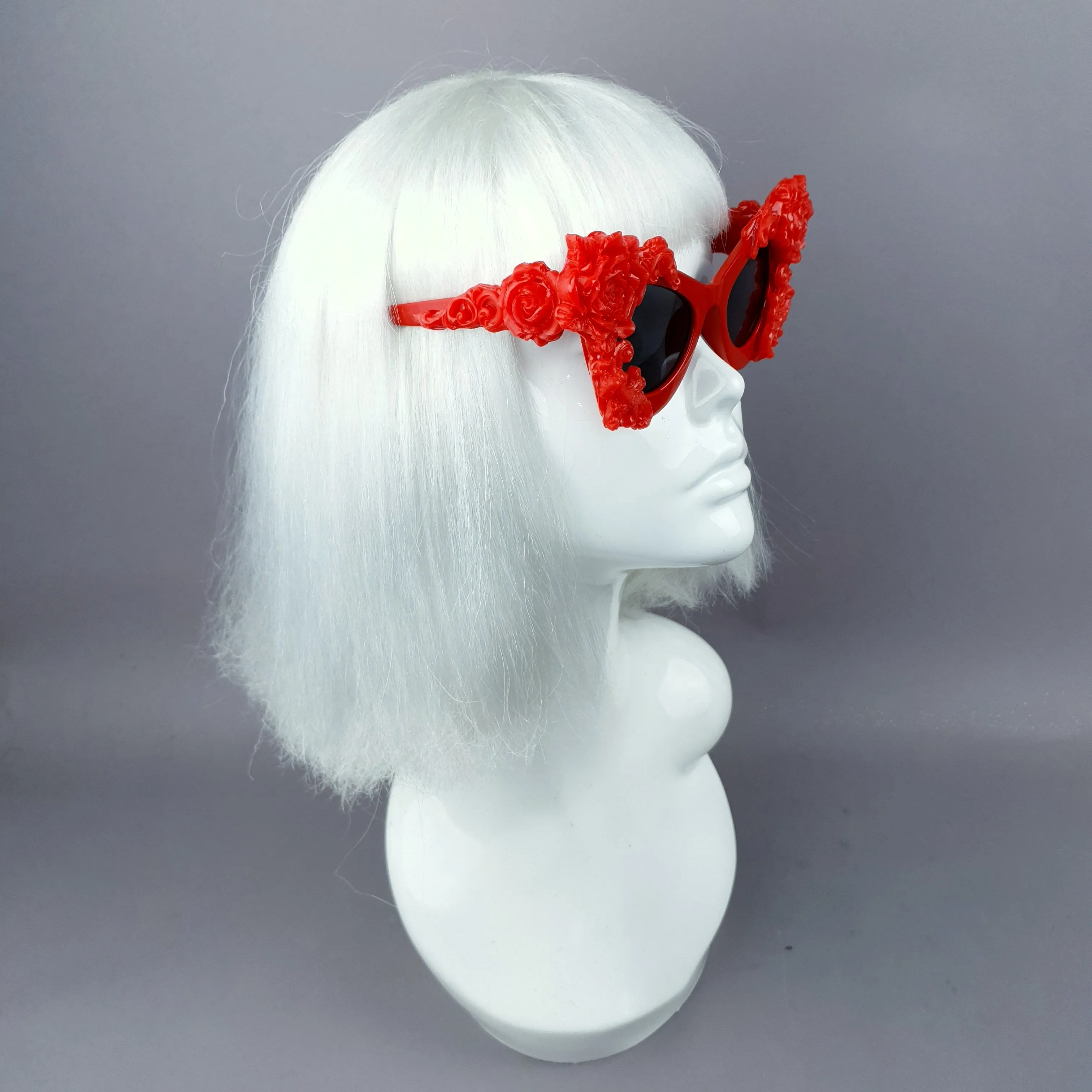 "Saudade" Red Baroque Rose Cat Eye Shaped Sunglasses