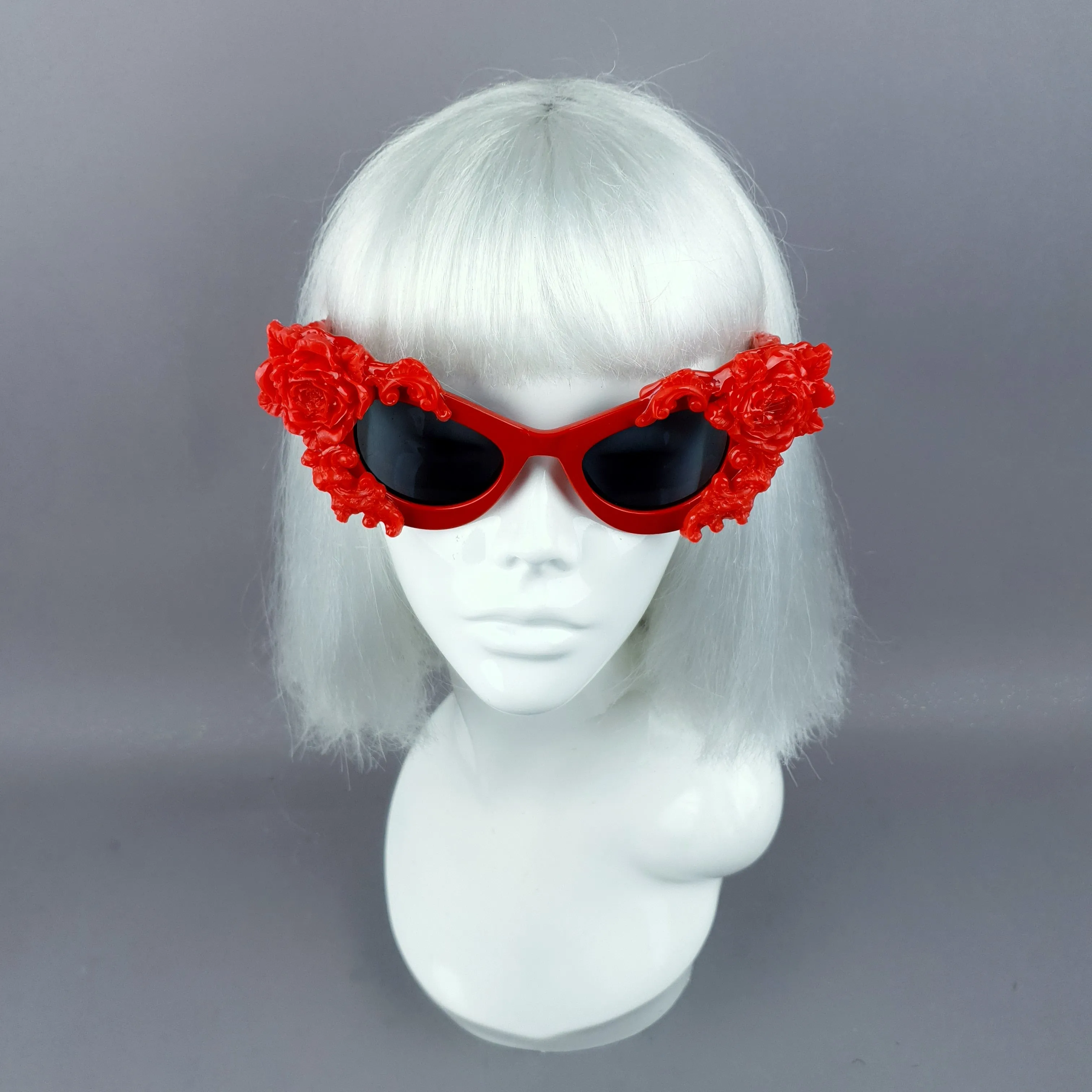 "Saudade" Red Baroque Rose Cat Eye Shaped Sunglasses