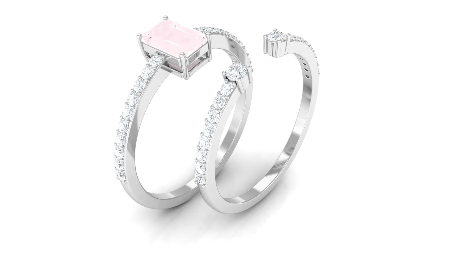 Real Rose Quartz Solitaire Ring Set with Diamond Open Cuff Band