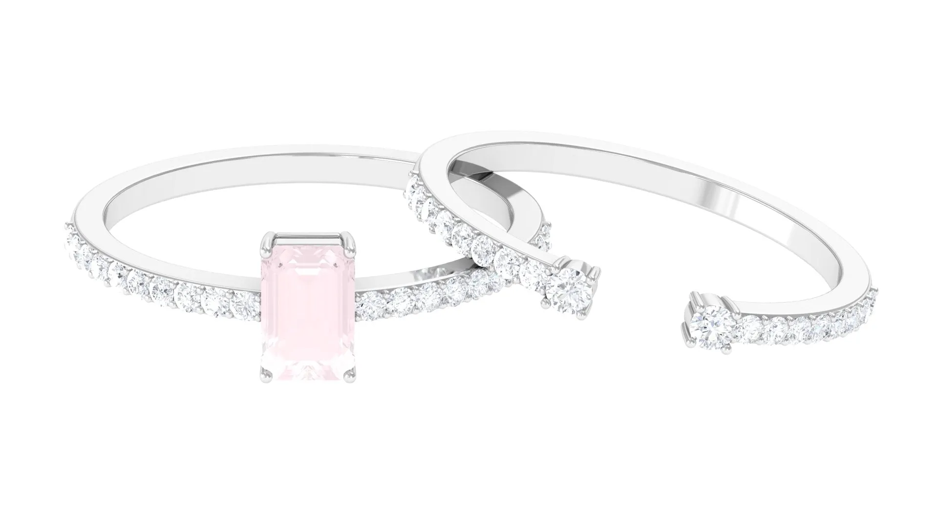 Real Rose Quartz Solitaire Ring Set with Diamond Open Cuff Band