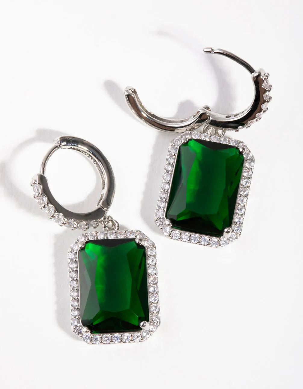 Rhodium Diamond Simulant Emerald Rectangle Huggie Earrings