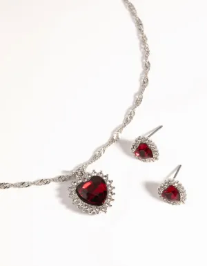 Rhodium Ruby Heart Necklace & Earring Set