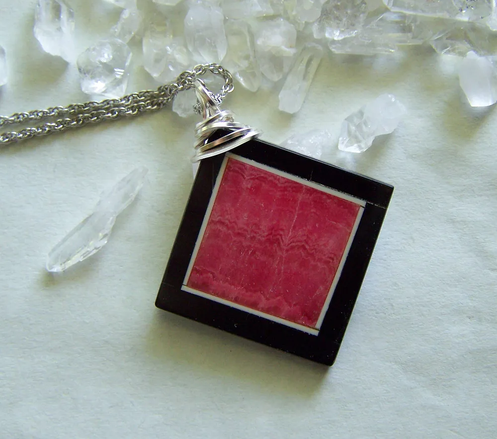 Rhodochrosite and Black Onxy Intarsia Gemstone Frame Pendant Necklace