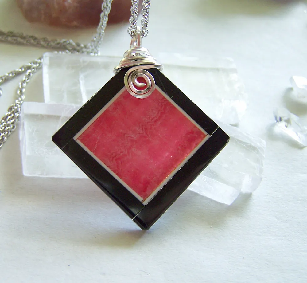 Rhodochrosite and Black Onxy Intarsia Gemstone Frame Pendant Necklace