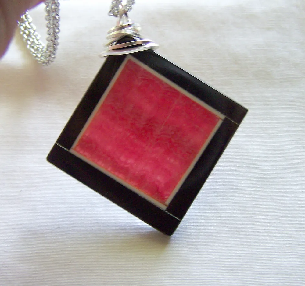 Rhodochrosite and Black Onxy Intarsia Gemstone Frame Pendant Necklace