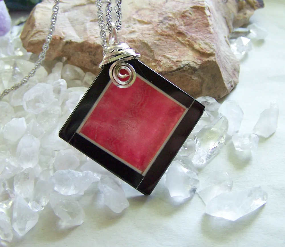 Rhodochrosite and Black Onxy Intarsia Gemstone Frame Pendant Necklace