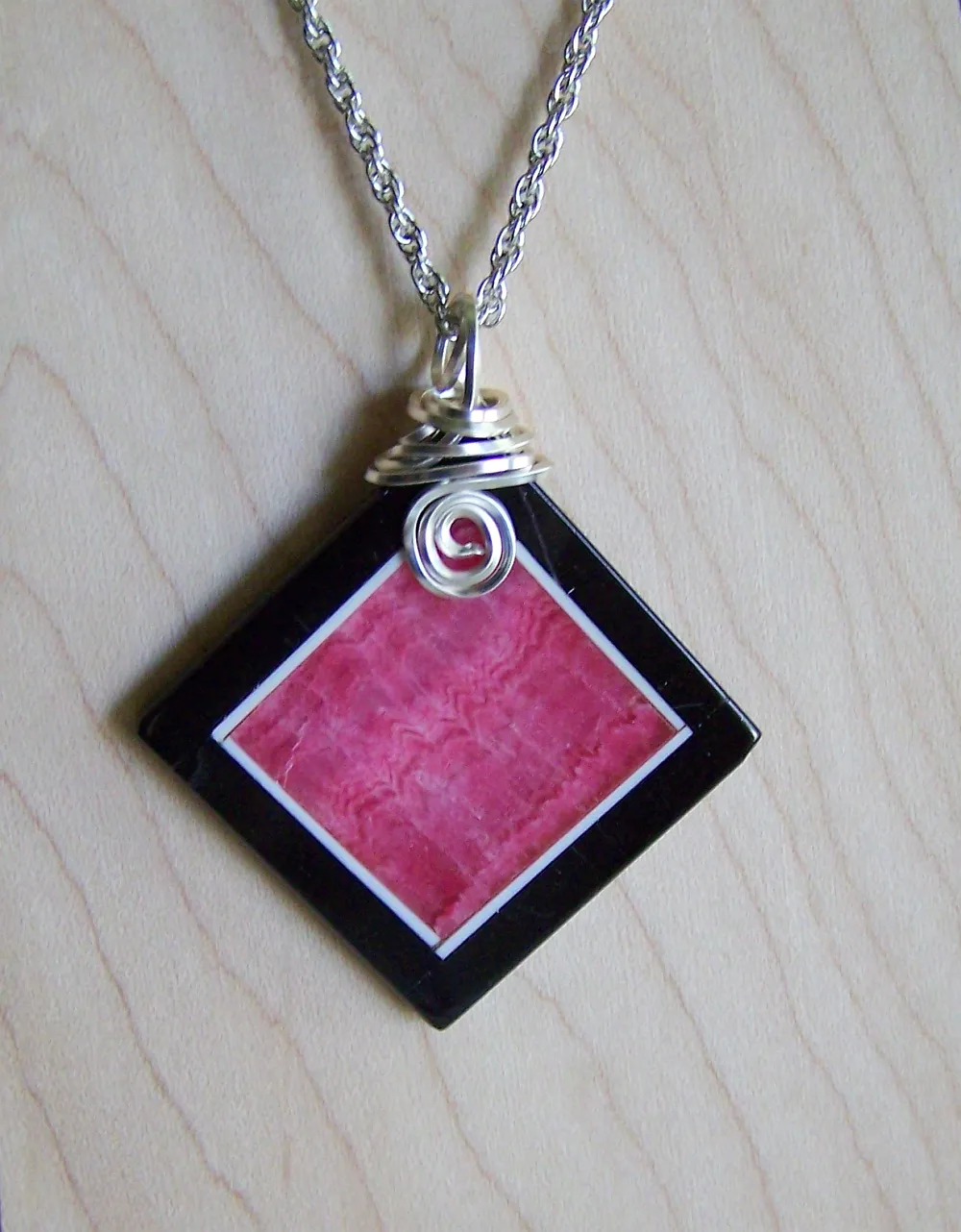 Rhodochrosite and Black Onxy Intarsia Gemstone Frame Pendant Necklace