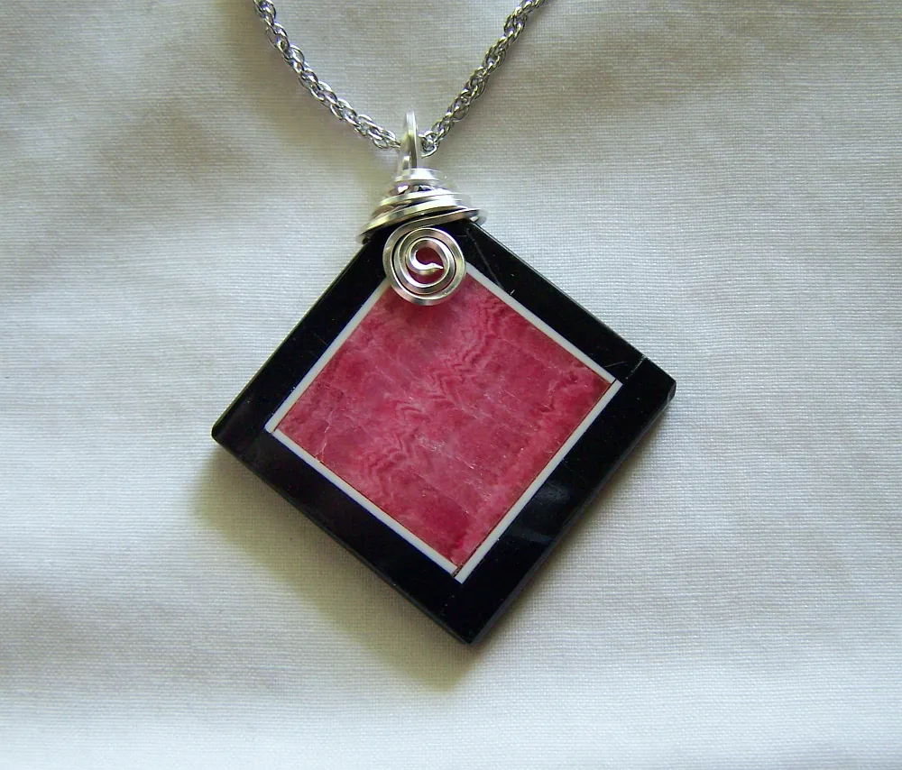 Rhodochrosite and Black Onxy Intarsia Gemstone Frame Pendant Necklace