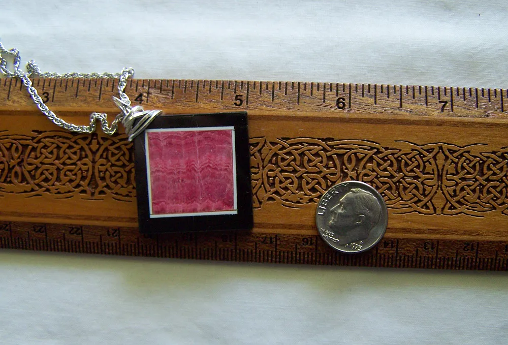 Rhodochrosite and Black Onxy Intarsia Gemstone Frame Pendant Necklace