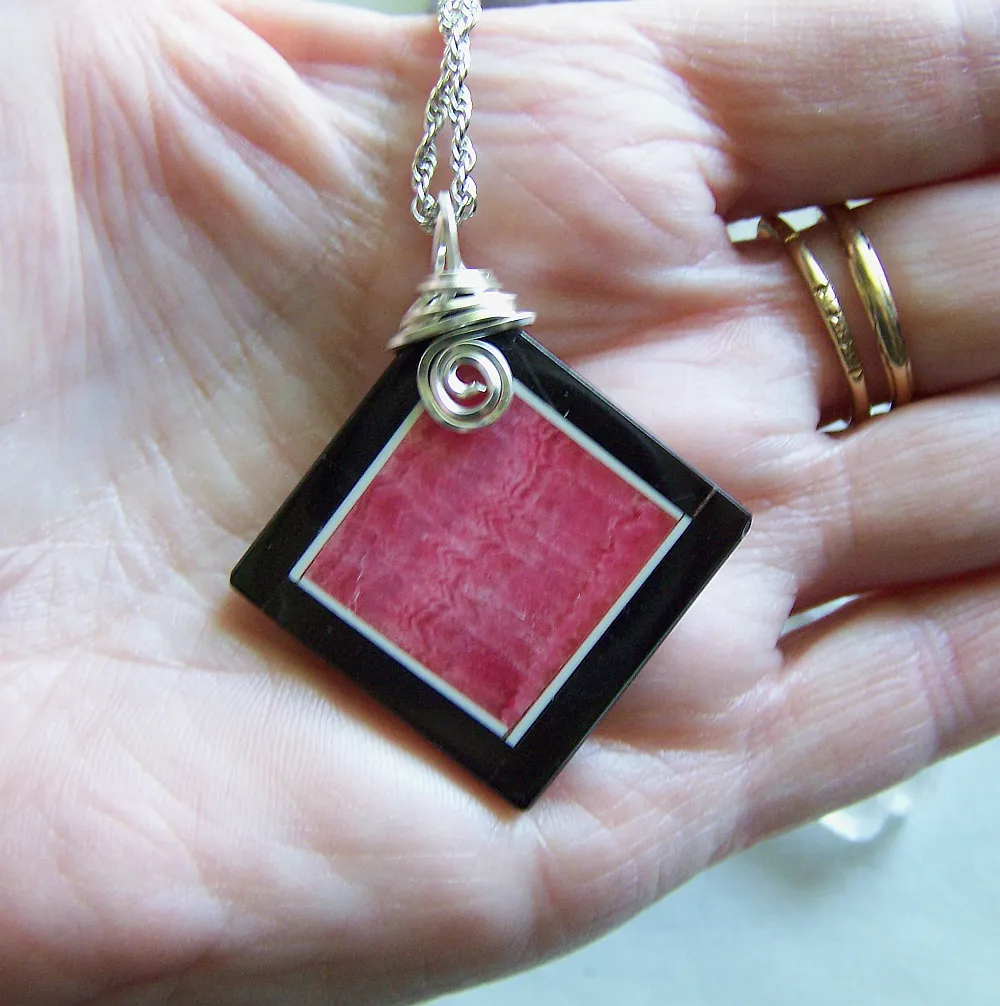 Rhodochrosite and Black Onxy Intarsia Gemstone Frame Pendant Necklace