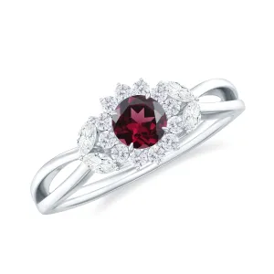 Rhodolite and Diamond Flower Engagement Ring with Split Shank