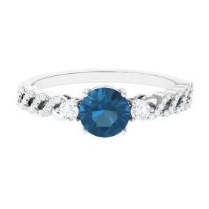 Round Shape London Blue Topaz Designer Engagement Ring with Diamond Side Stones