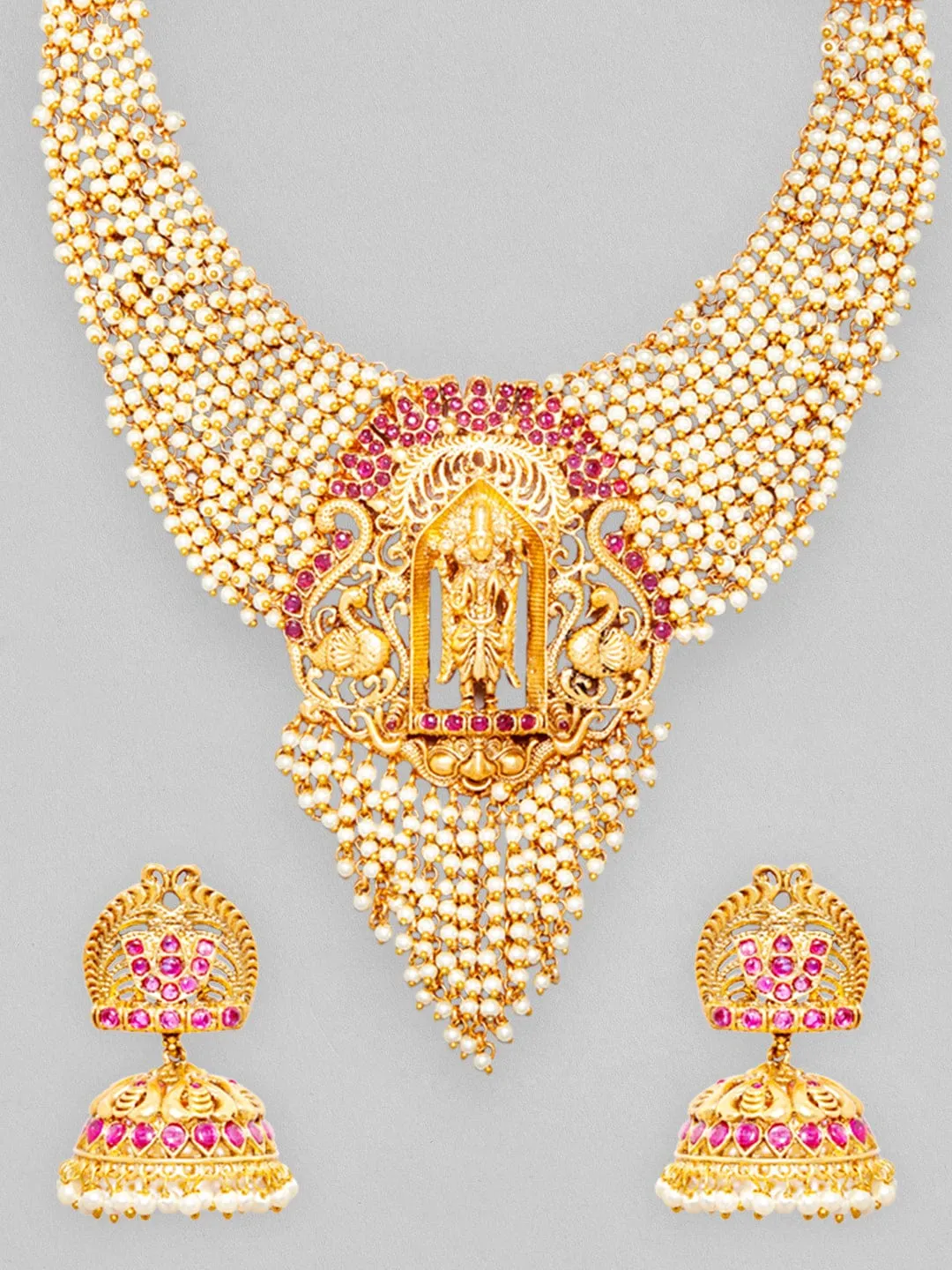 Rubans 24K Gold Plated Necklace Set With Pearls Ruby Stones And Goddess Motifs.