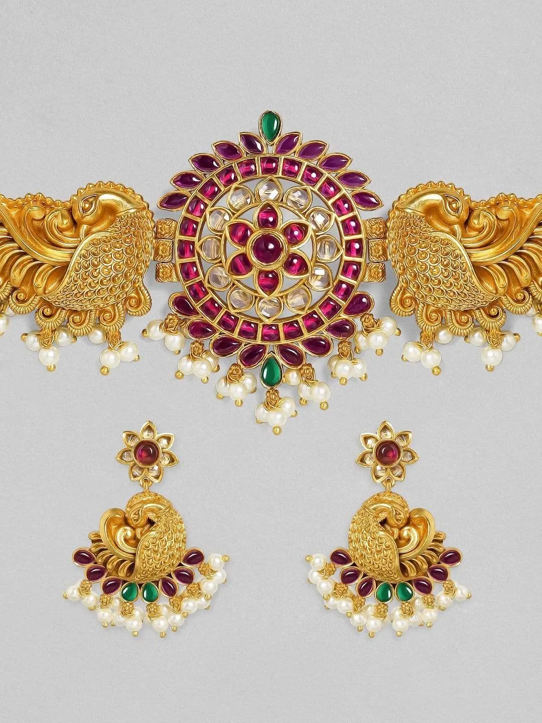 Rubans 24K Gold-Plated Red & White Ruby-Studded & Beaded Handcrafted Jewellery Set