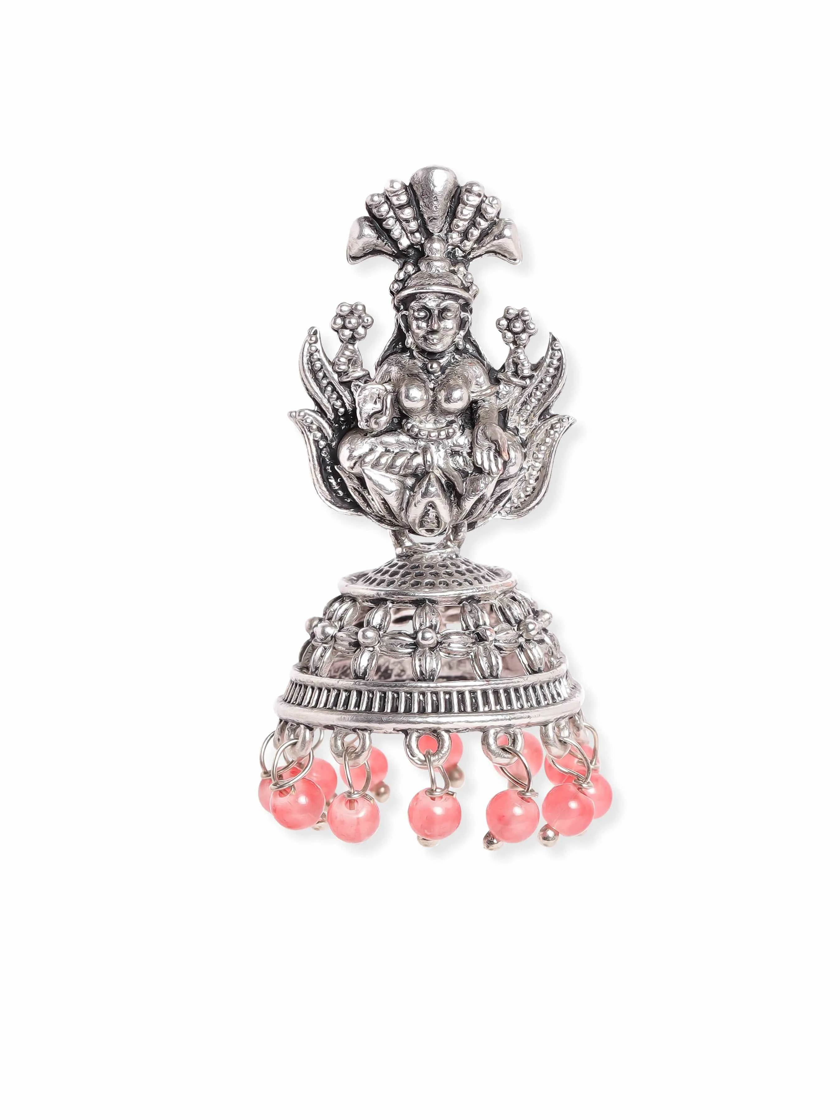 Rubans Oxidised Silver-Plated Coral Pink Beaded Goddess Laxmi Design Dome Shaped Jhumkas