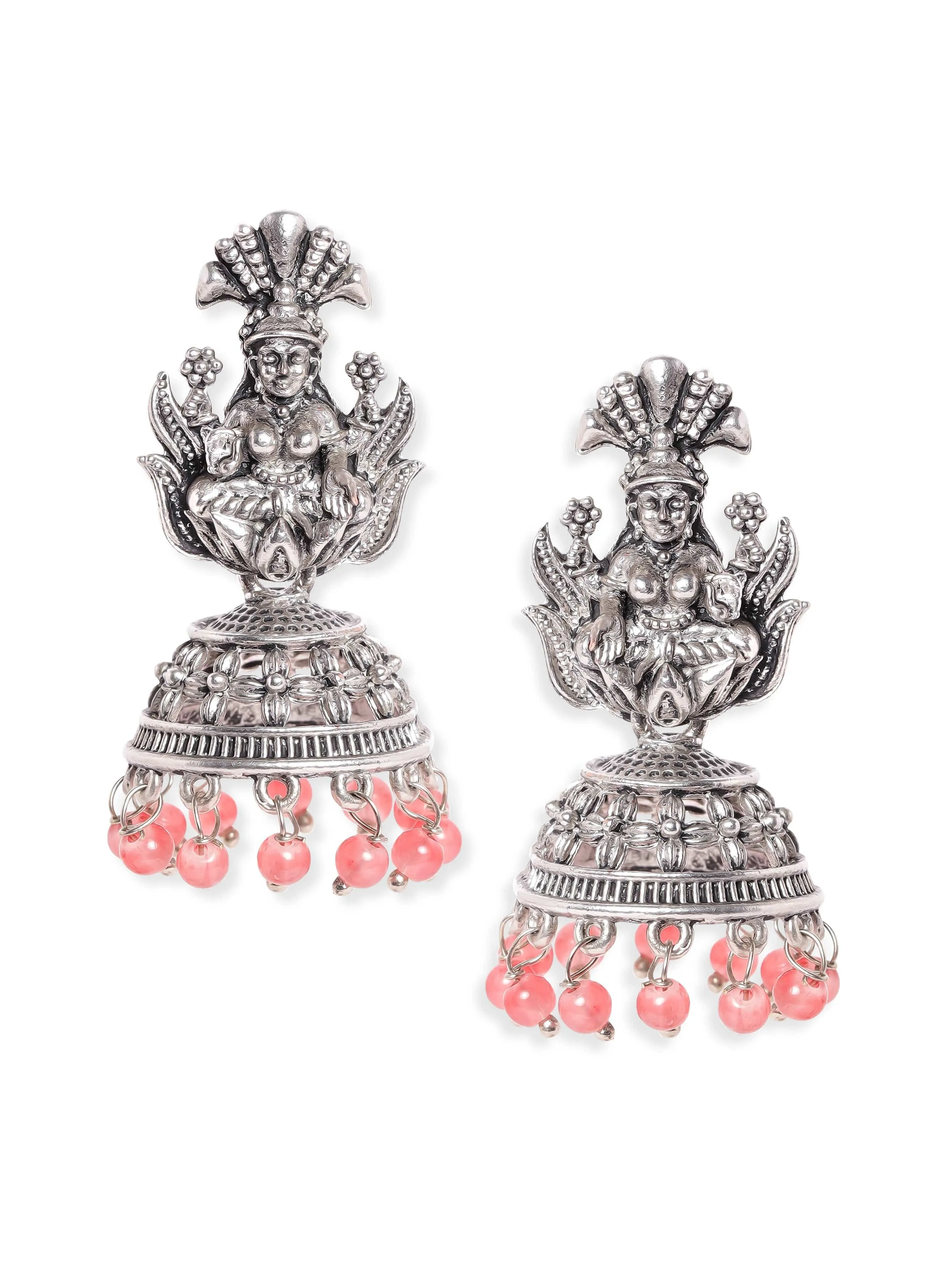 Rubans Oxidised Silver-Plated Coral Pink Beaded Goddess Laxmi Design Dome Shaped Jhumkas