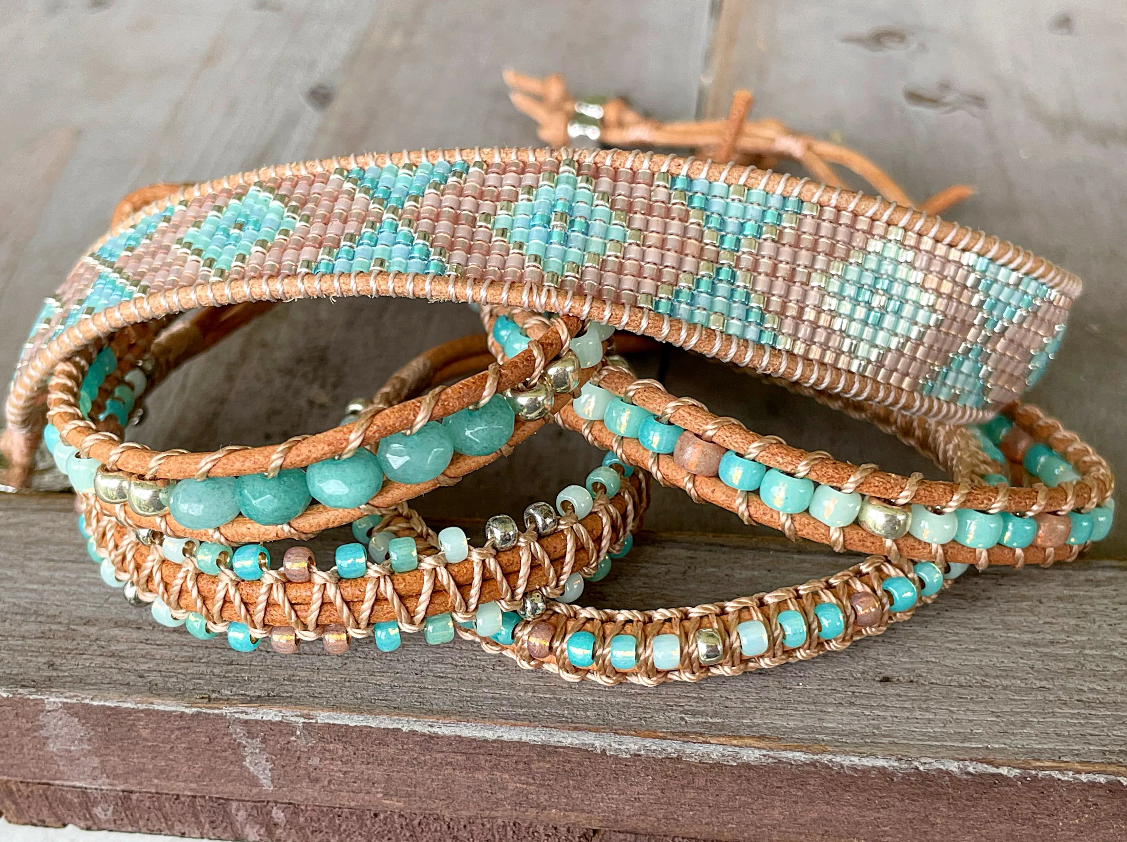 Seafoam ombré Aqua Jade Beaded Macrame Bracelet and Diamond Loom Woven Set