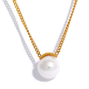 Shell Pearl 10mm Ball Pendant Stainless Steel Link Chain Necklace Gold Plated Ladies Trendy Fashion Jewelry