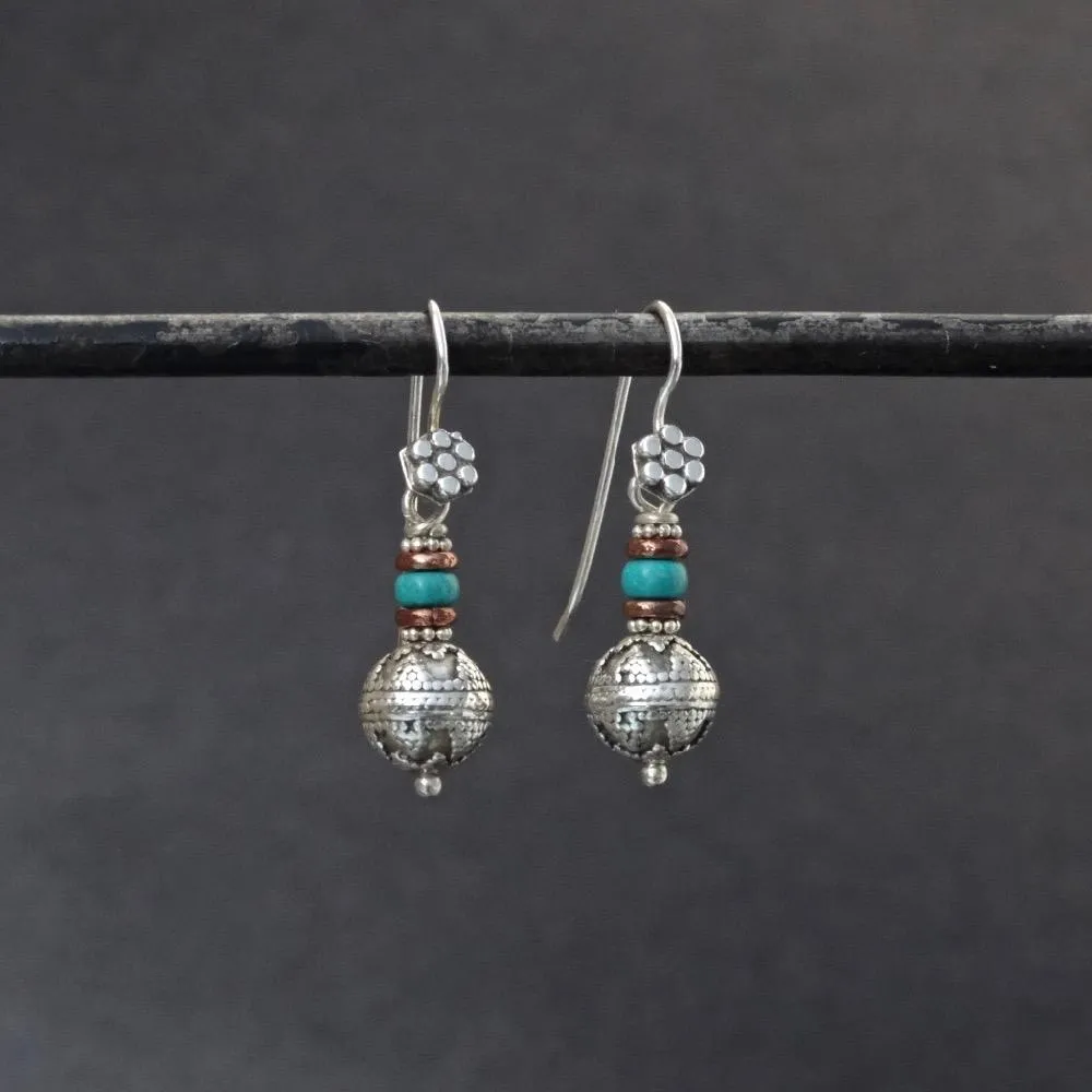 Silver and Copper Bali Granulation Earrings