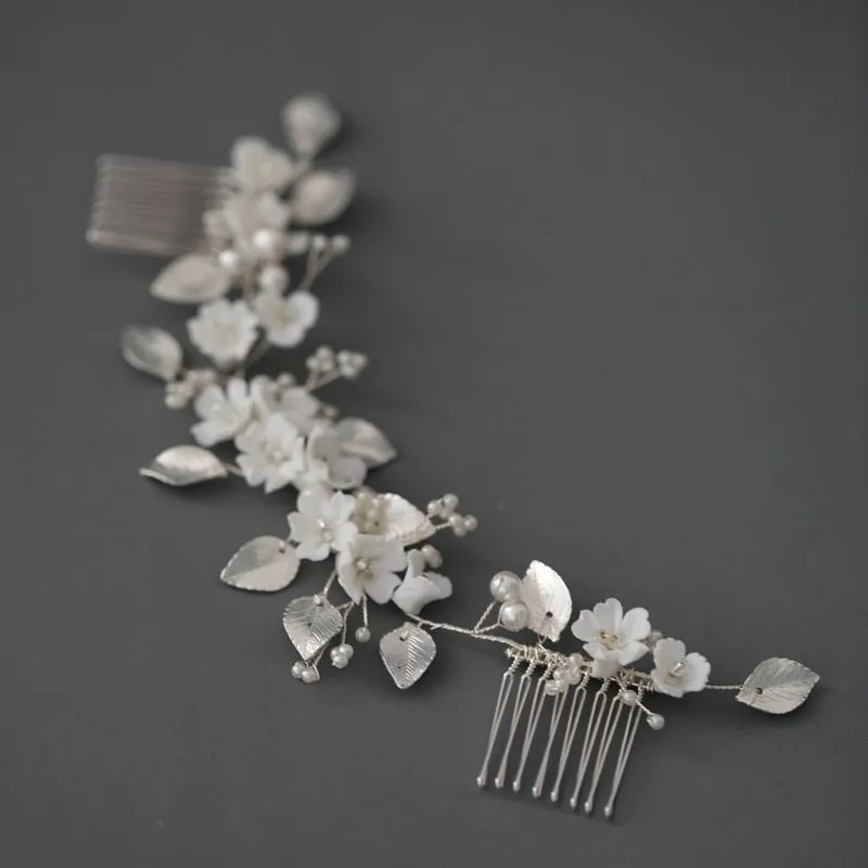 Silver Bridal Hair Comb White Porcelain Flower Wedding Headpiece