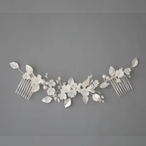 Silver Bridal Hair Comb White Porcelain Flower Wedding Headpiece