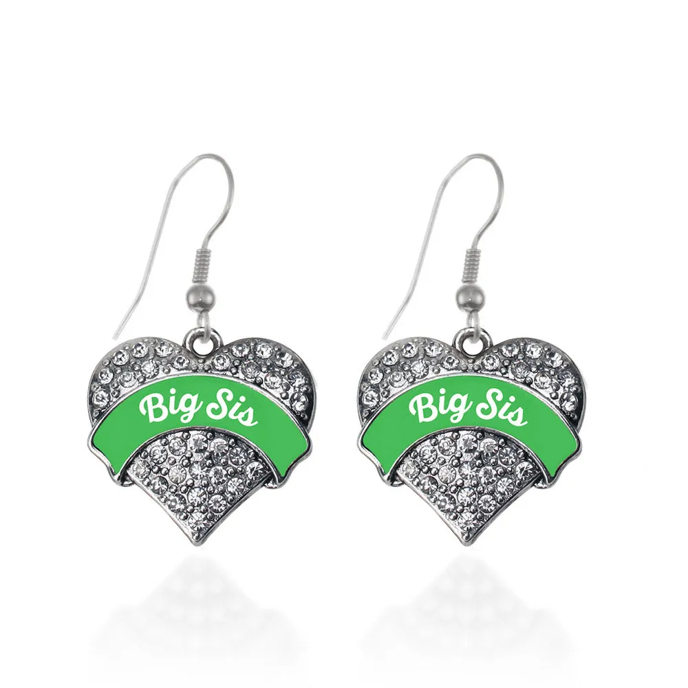 Silver Emerald Green Big Sister Pave Heart Charm Dangle Earrings