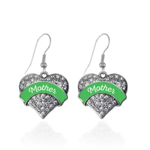 Silver Emerald Green Mother Pave Heart Charm Dangle Earrings