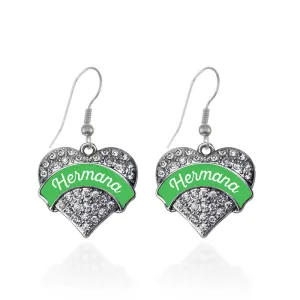 Silver Hermana - Emerald Green Pave Heart Charm Dangle Earrings