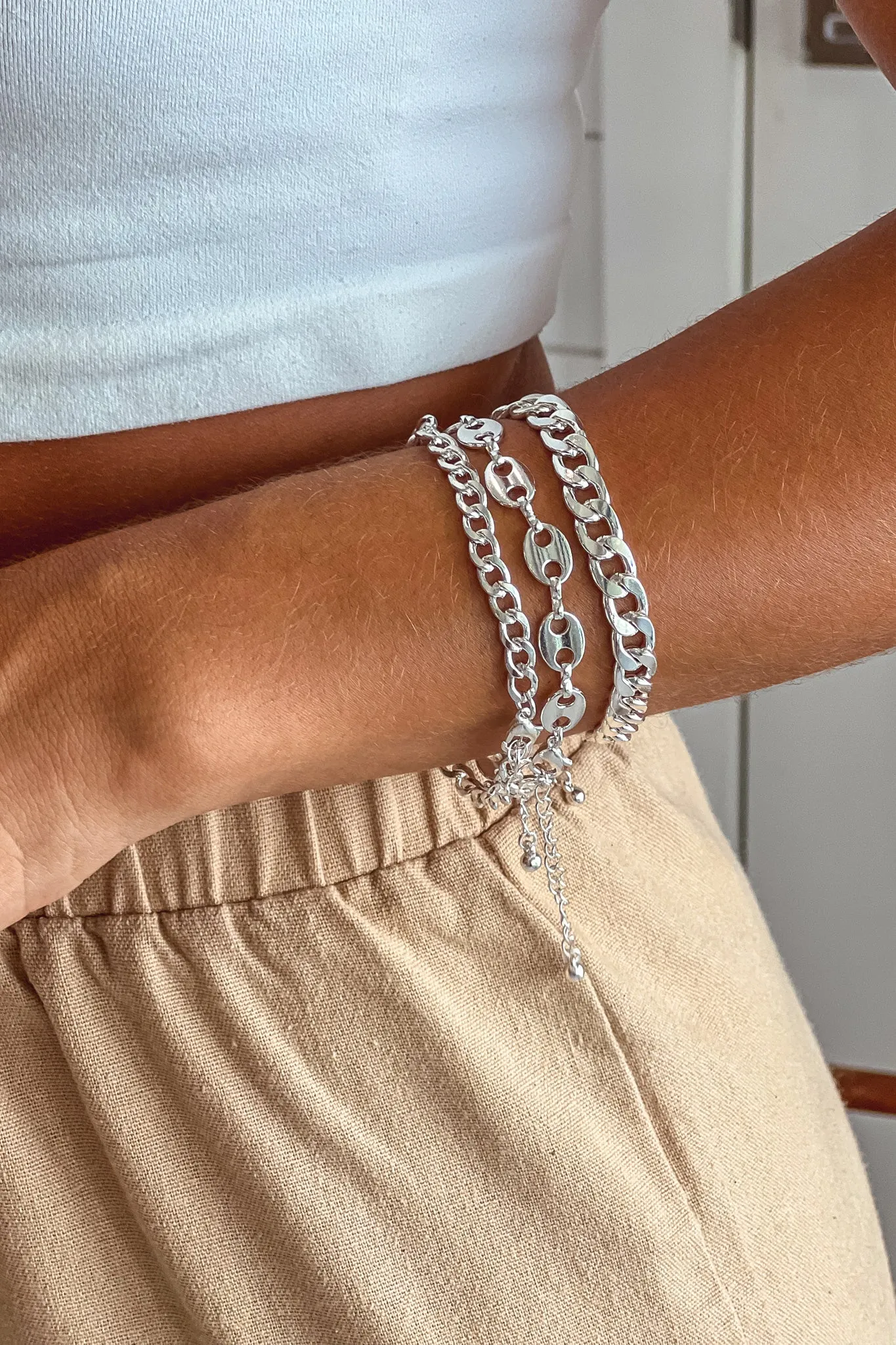 Silver Three Chunky Chain Bracelet Set