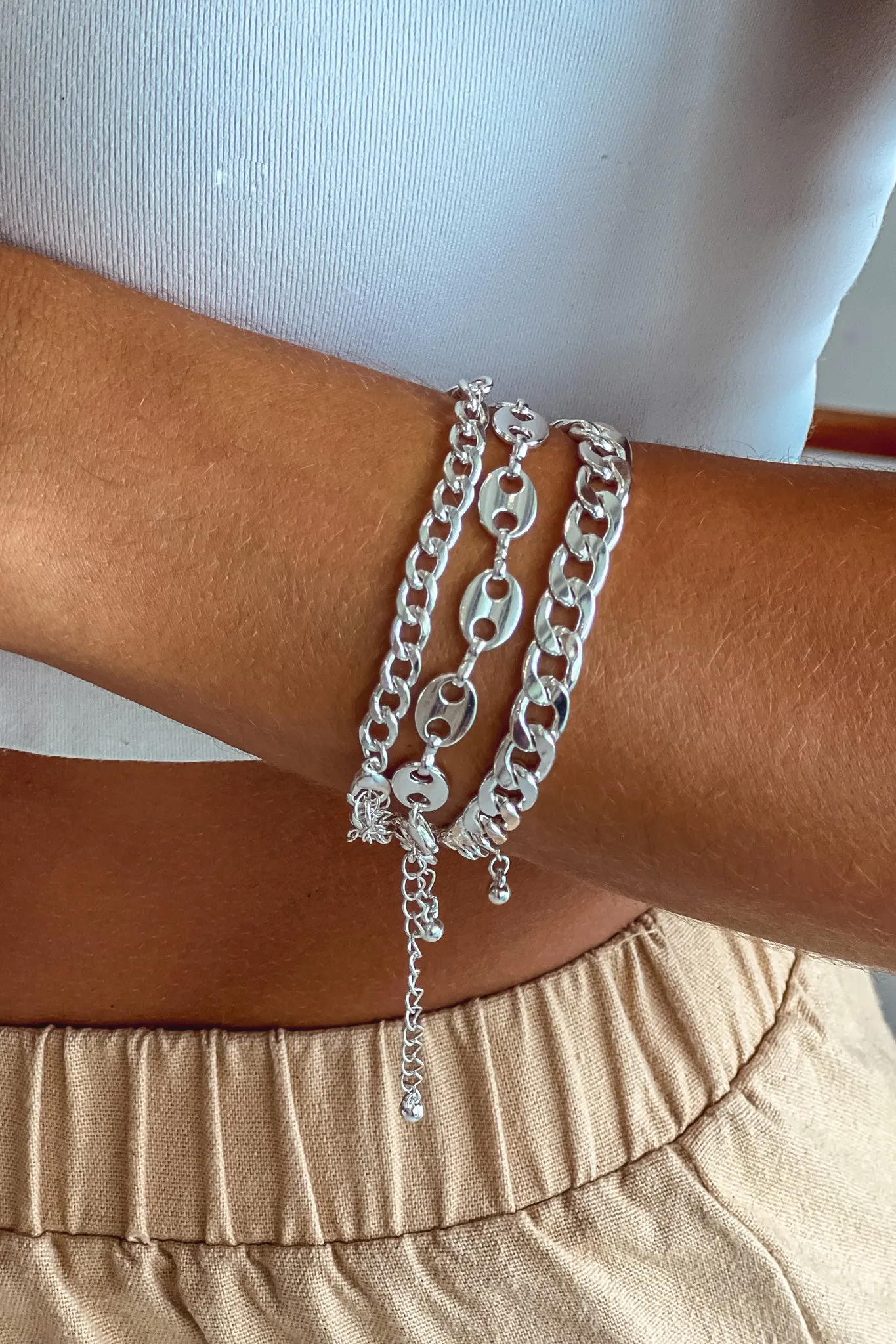 Silver Three Chunky Chain Bracelet Set