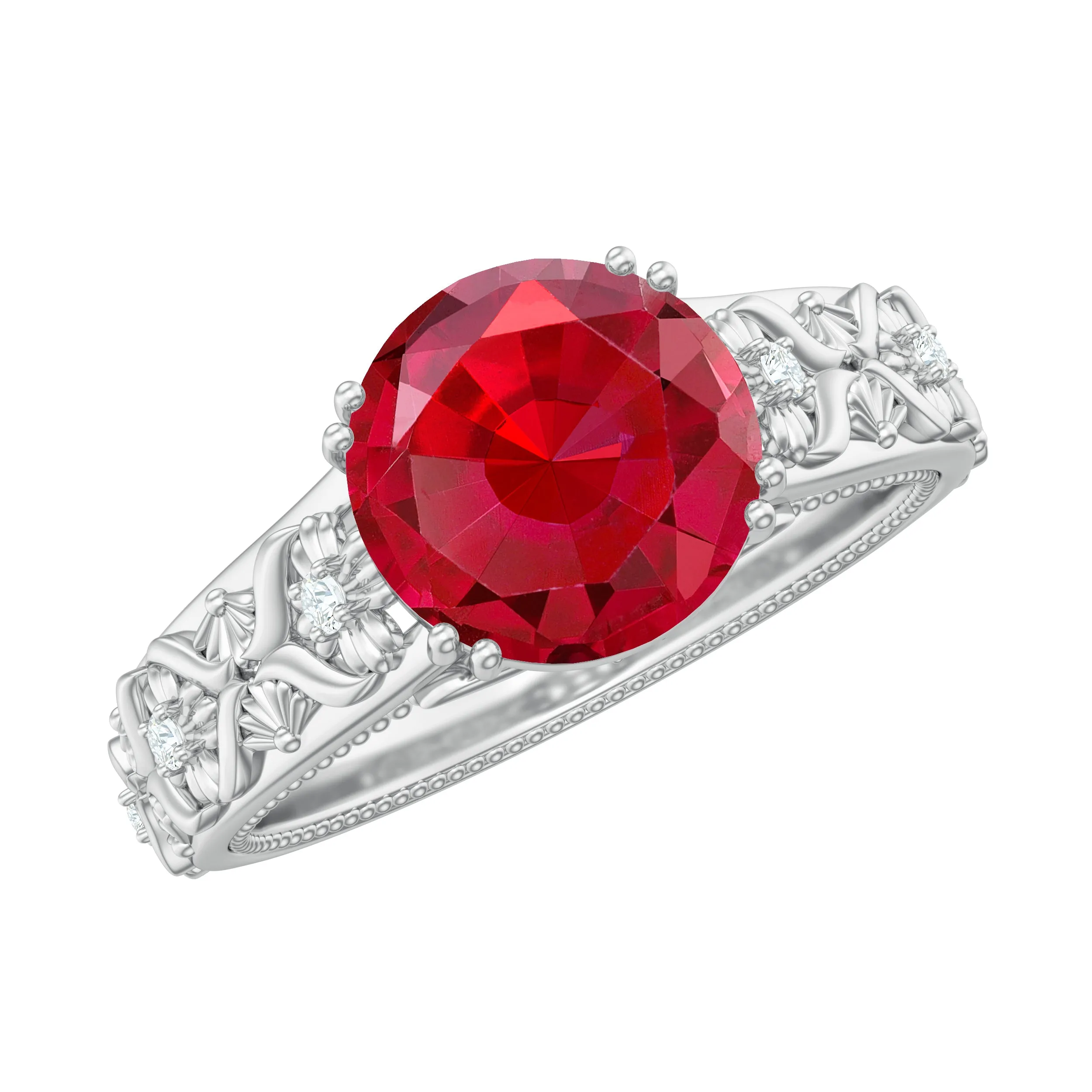 Solitaire Created Ruby Gold Flower Engagement Ring with Moissanite